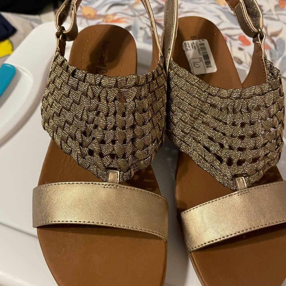 Baretrap Dressy Sandals. Low Wedge heel. Metallic and stretchy mesh uppers.
